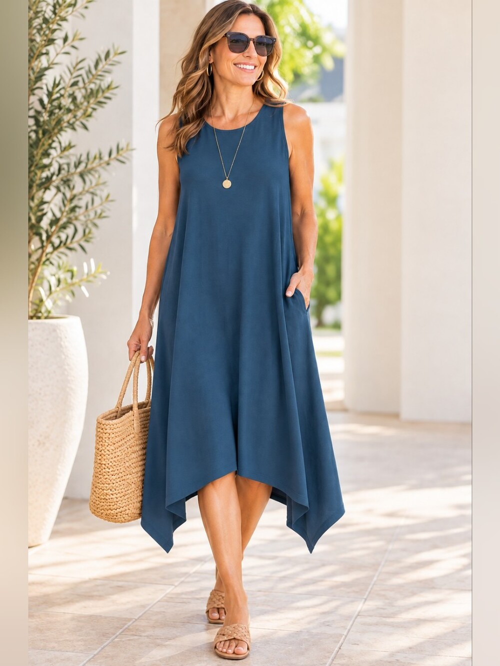 Lafayette 148 New York Sleeveless Swing Midi Dress in Slate Blue